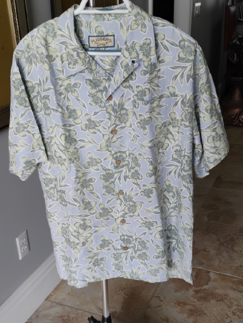 Light Blue Floral Camp-Collar Button-Down Shirt Linen